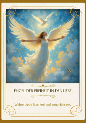 Ein Engel lässt eine weiße Taube aus seinen Händen in die Freiheit fliegen.