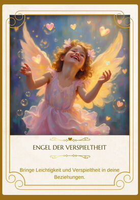 Ein lachender Engel jongliert mit Herzen oder Seifenblasen.