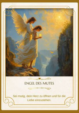 Ein Engel steht stärkend hinter einer Person, die einen Schritt nach vorne wagt.