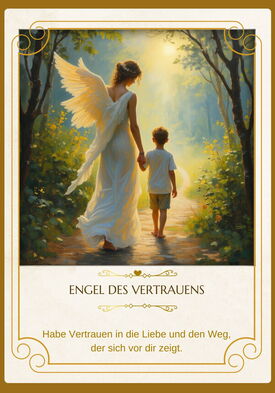 Ein kleiner Junge geht einen lichtvollen Pfad entlang, ein Engel schreitet schützend an seiner Seite.